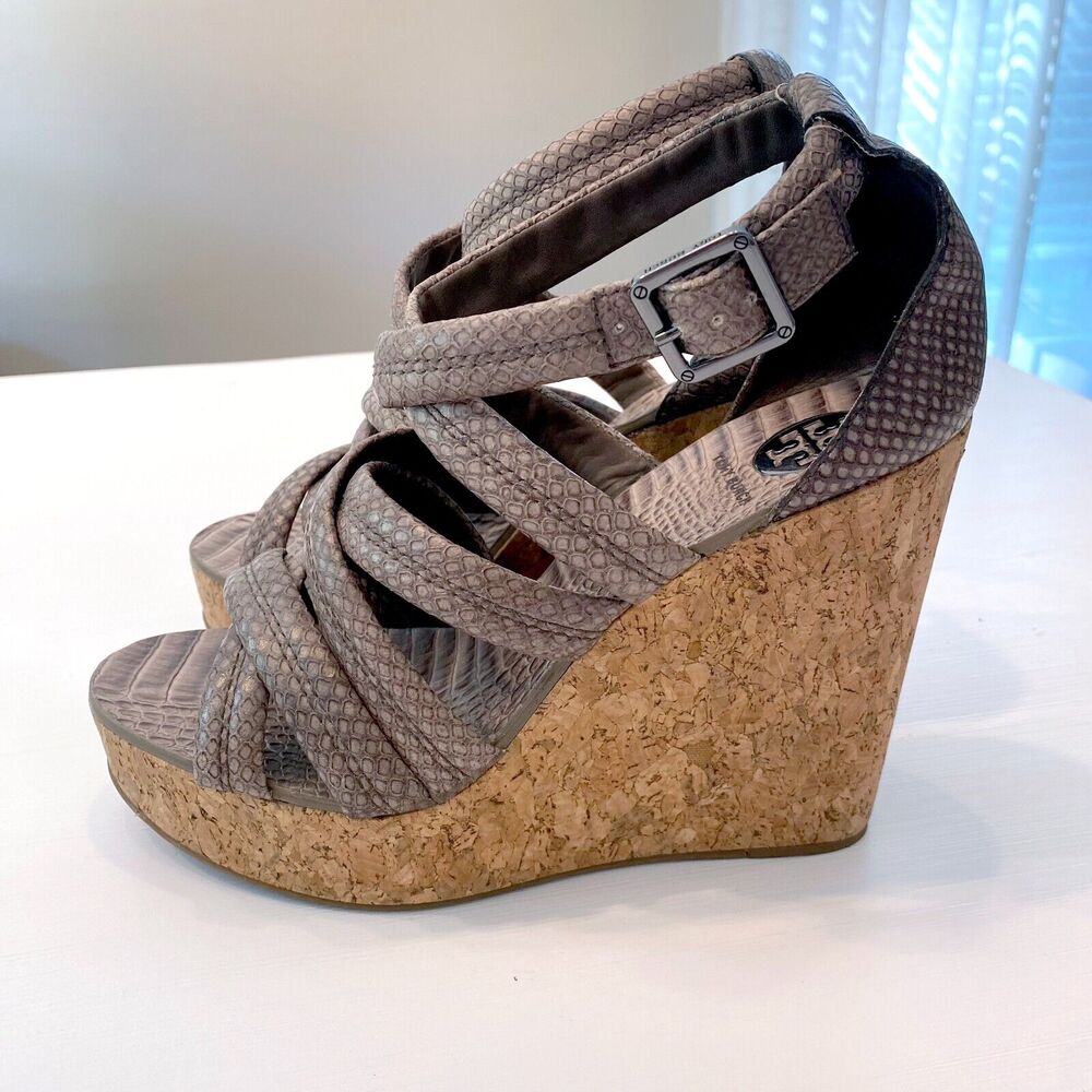 Tory Burch Taupe Python Embossed Leather Cork Wed… - image 7